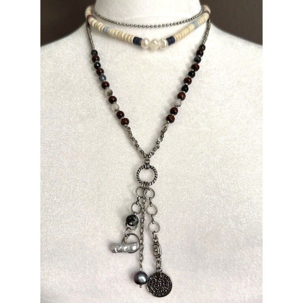 Free People Necklace Layered Charm Silver Beaded NWT